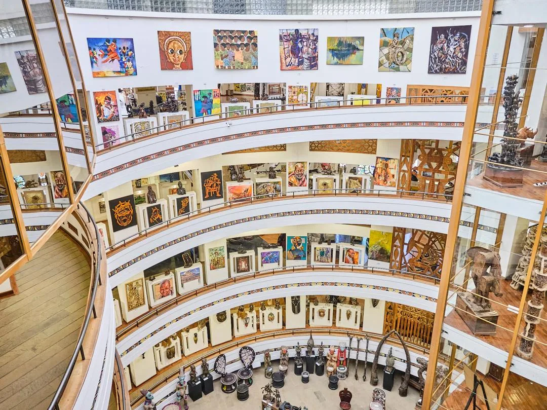 Spiral gallery inside the Cultural Heritage Centre filled with African art