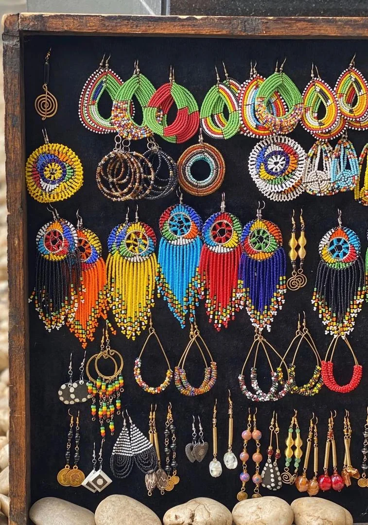 Close-up of colourful Maasai beaded jewelry